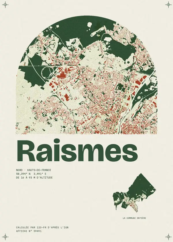 Affiche de Raismes, calculée par 123-fr d'après l'IGN