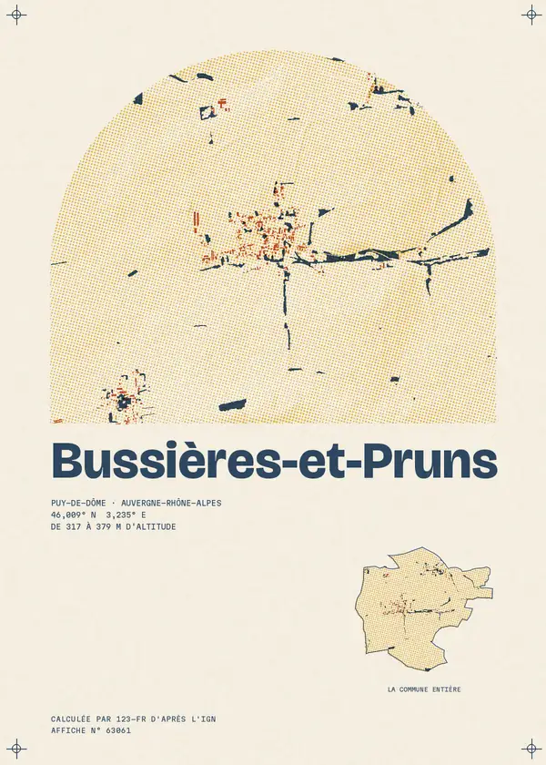 Affiche de Bussières-et-Pruns, calculée par 123-fr d'après l'IGN