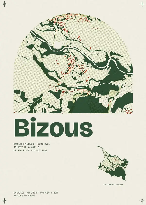 Affiche de Bizous, calculée par 123-fr d'après l'IGN