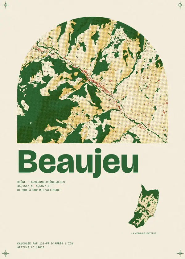 Affiche de Beaujeu, calculée par 123-fr d'après l'IGN