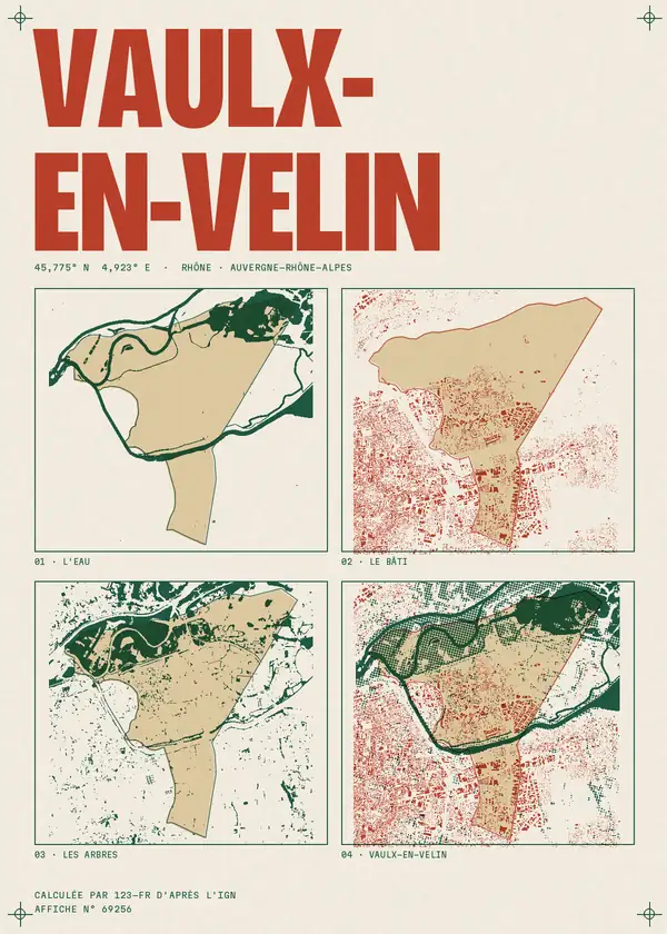 Affiche de Vaulx-en-Velin, calculée par 123-fr d'après l'IGN