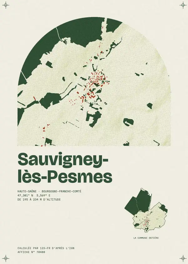 Affiche de Sauvigney-lès-Pesmes, calculée par 123-fr d'après l'IGN