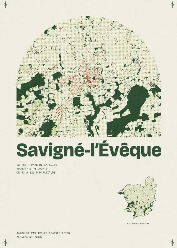 Affiche de Savigné-l'Évêque, calculée par 123-fr d'après l'IGN