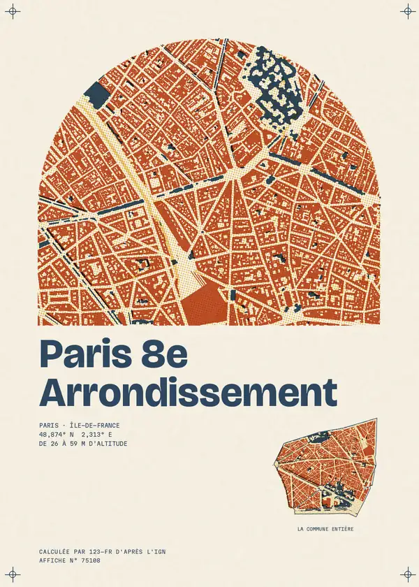 Affiche de Paris 8e Arrondissement, calculée par 123-fr d'après l'IGN
