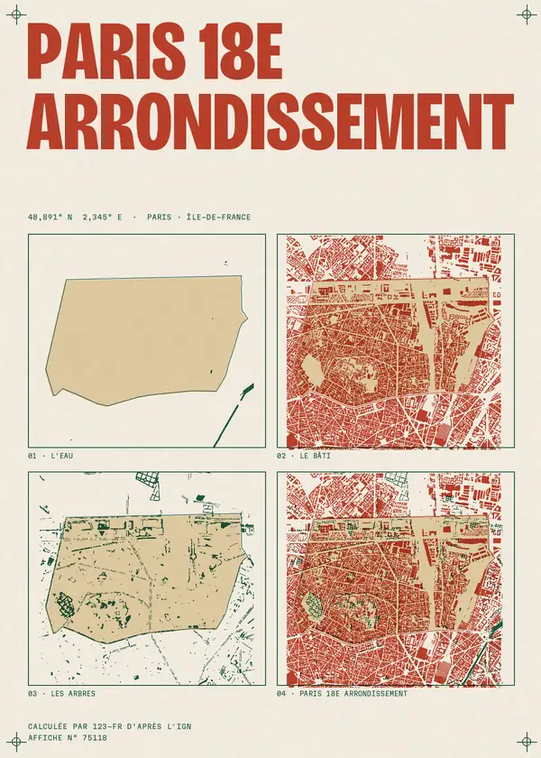 Affiche de Paris 18e Arrondissement, calculée d'après l'IGN