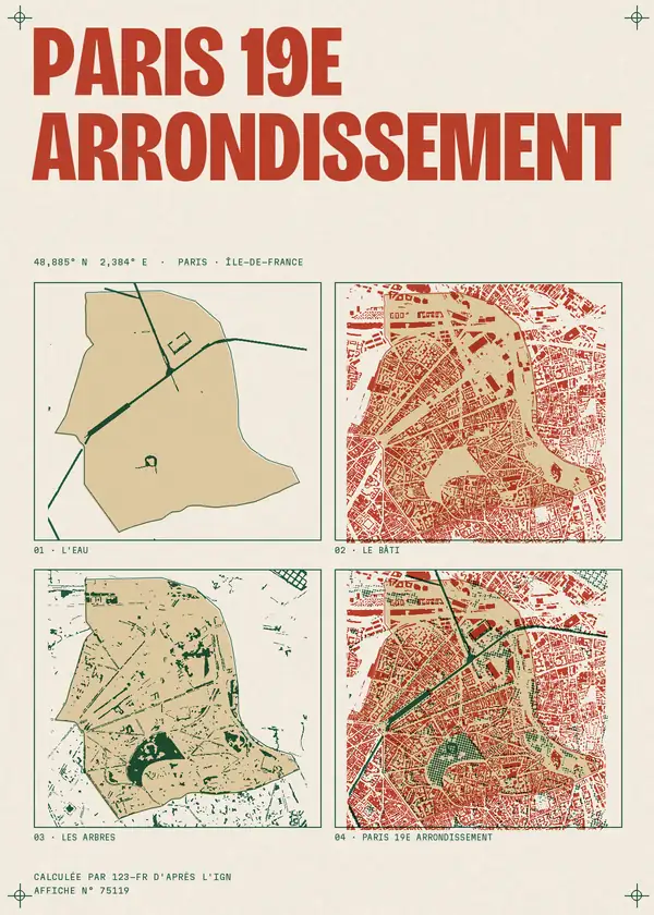 Affiche de Paris 19e Arrondissement, calculée par 123-fr d'après l'IGN