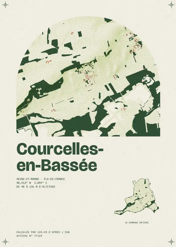 Affiche de Courcelles-en-Bassée, calculée par 123-fr d'après l'IGN