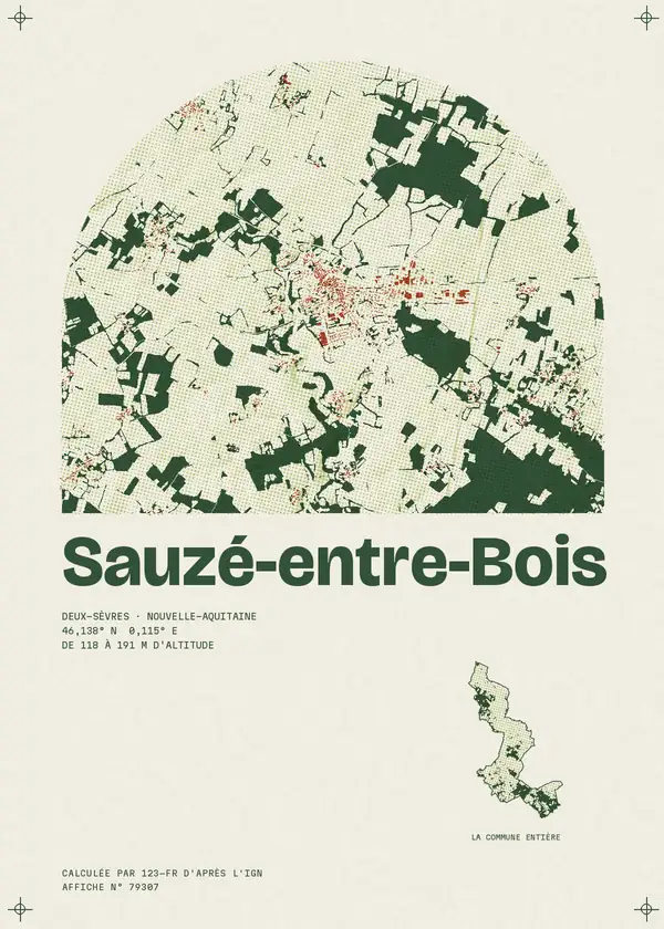 Affiche de Sauzé-entre-Bois, calculée par 123-fr d'après l'IGN