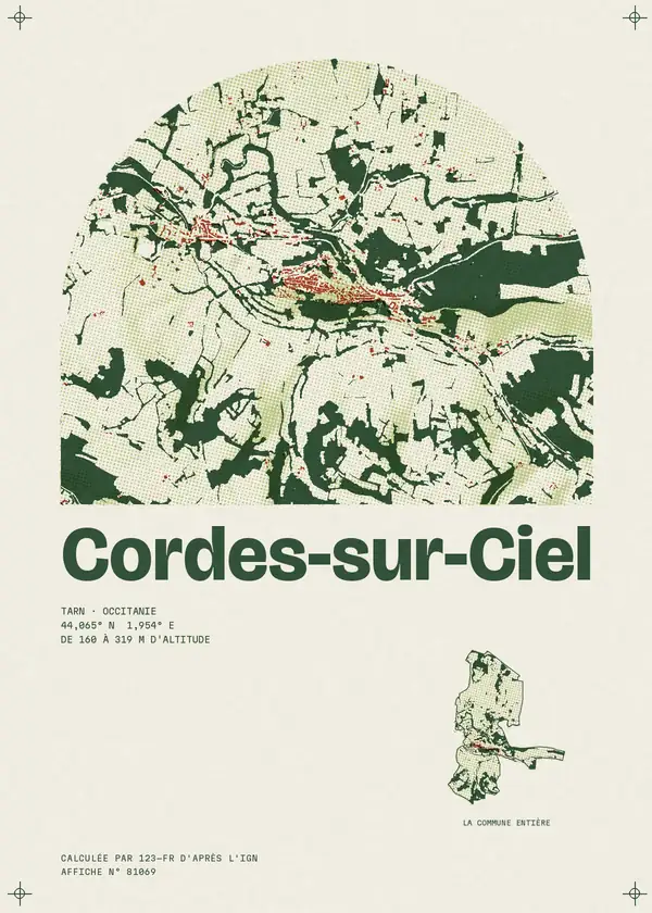 Affiche de Cordes-sur-Ciel, calculée par 123-fr d'après l'IGN