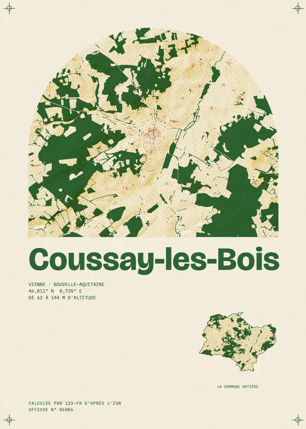 Affiche de Coussay-les-Bois, calculée par 123-fr d'après l'IGN