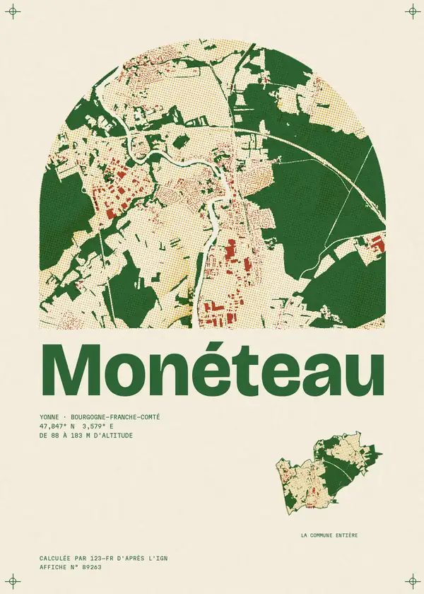 Affiche de Monéteau, calculée par 123-fr d'après l'IGN