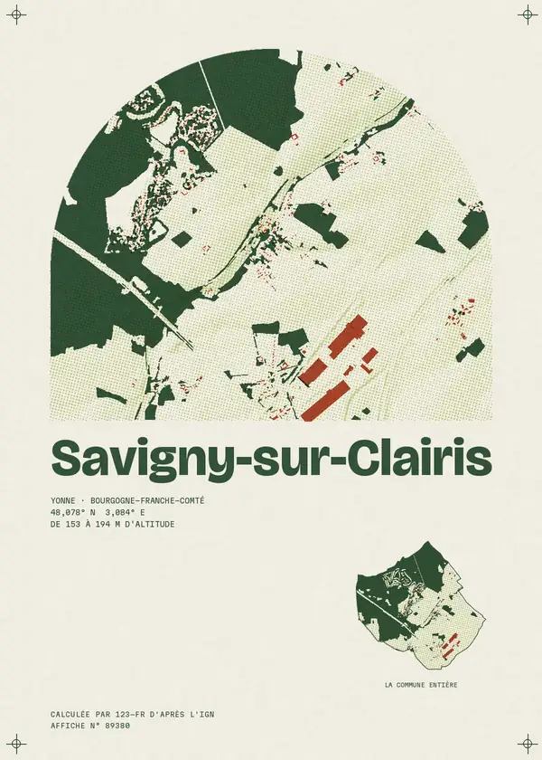 Affiche de Savigny-sur-Clairis, calculée par 123-fr d'après l'IGN