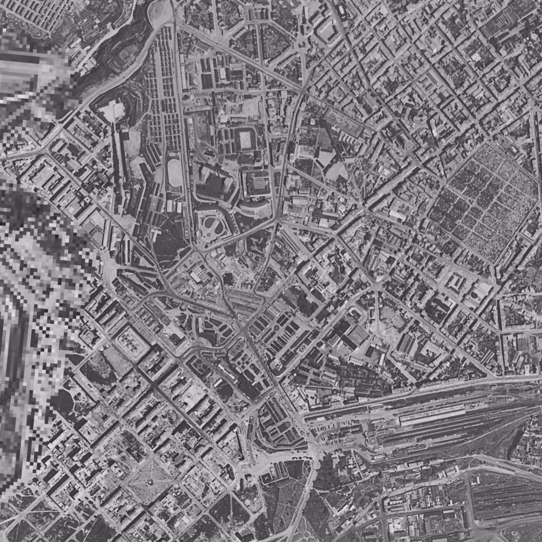 Brest en 1952, le centre vu du ciel, au même cadrage