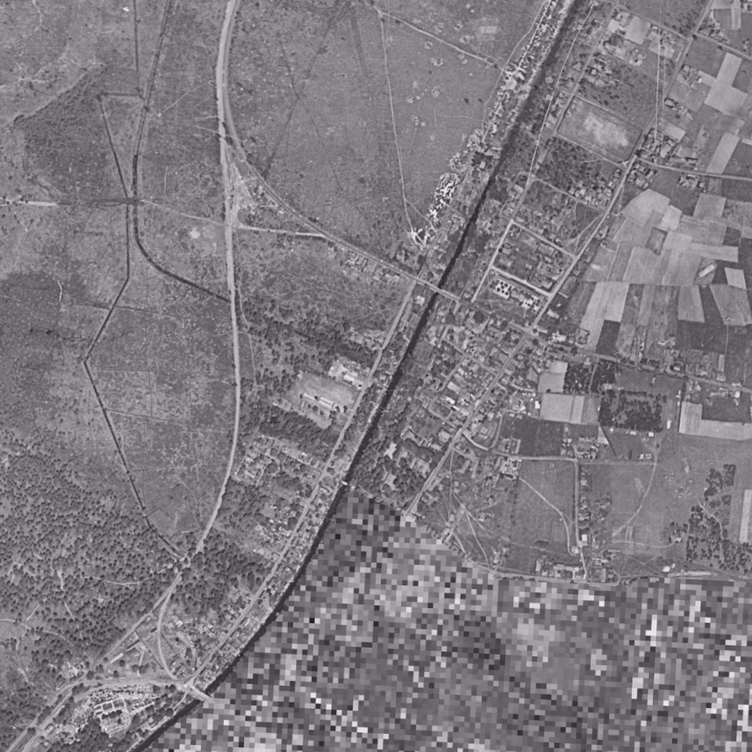 La Teste-de-Buch en 1950, le centre vu du ciel, au même cadrage