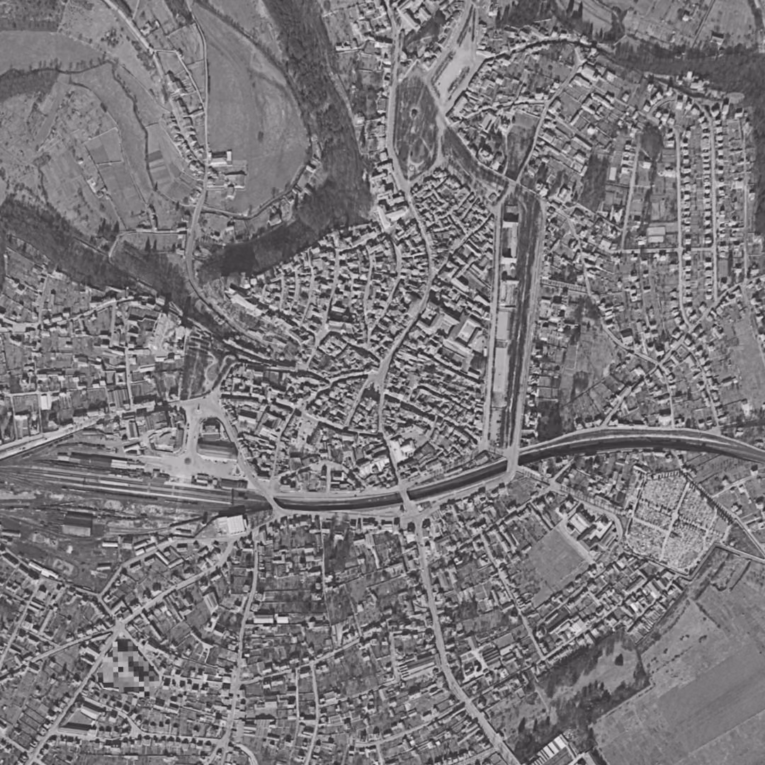 Chaumont en 1956, le centre vu du ciel, au même cadrage