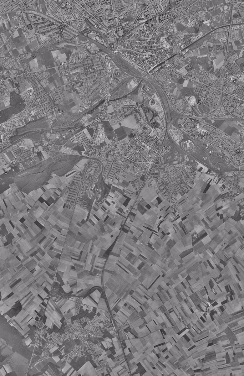 Avion en 1955, le territoire vu du ciel, au même cadrage