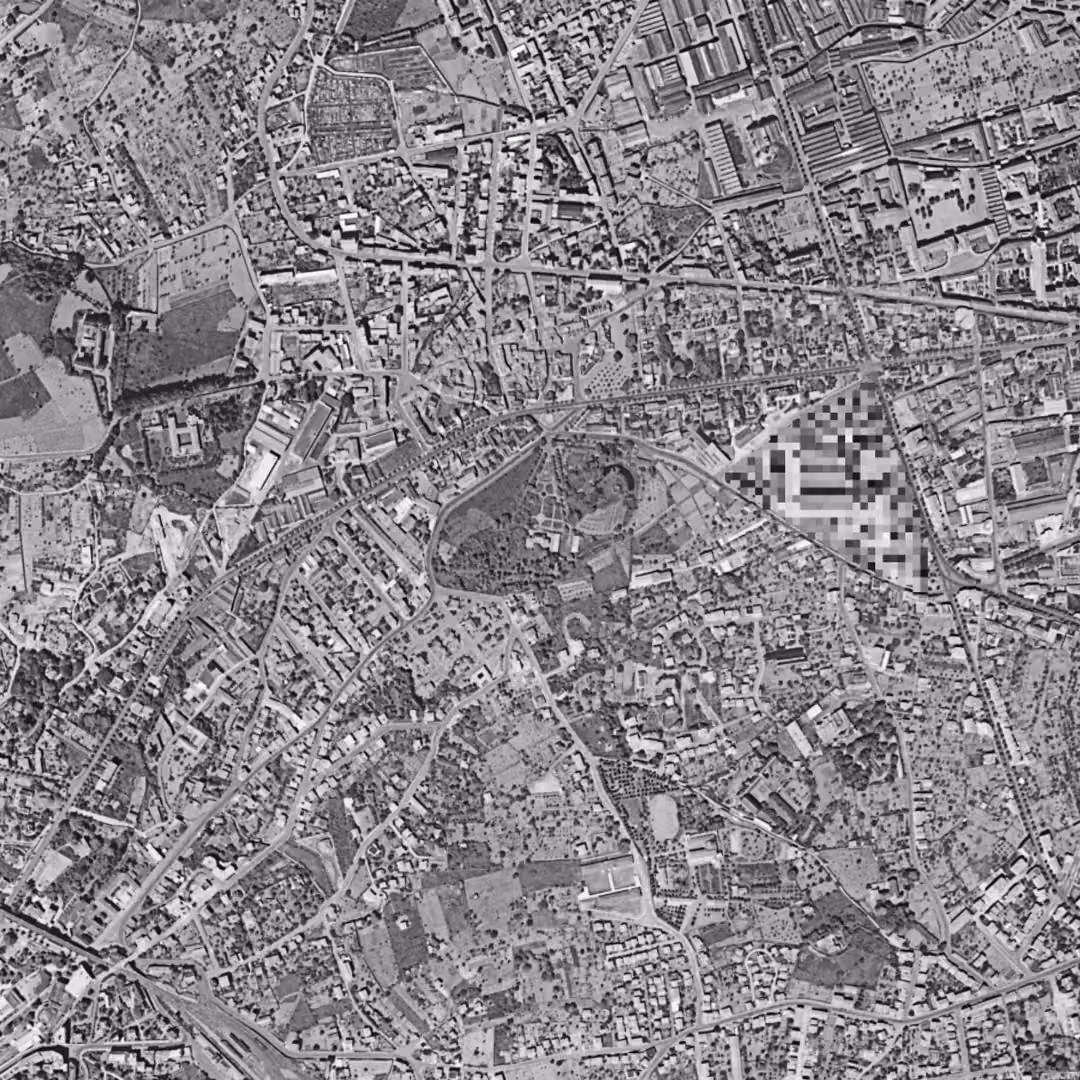 Chamalières en 1954, le centre vu du ciel, au même cadrage