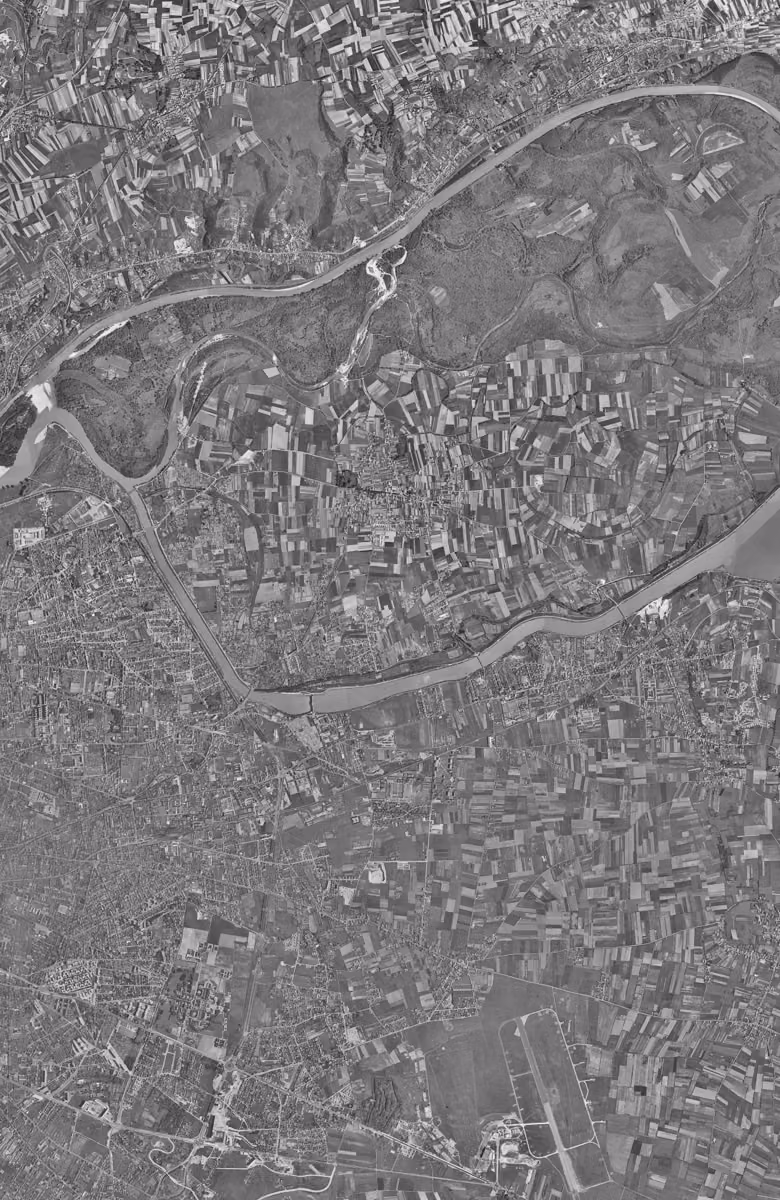 Vaulx-en-Velin en 1956, le territoire vu du ciel, au même cadrage