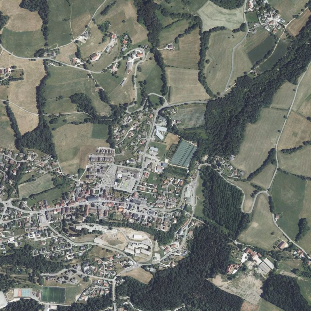 Fillière aujourd'hui, le centre vu du ciel