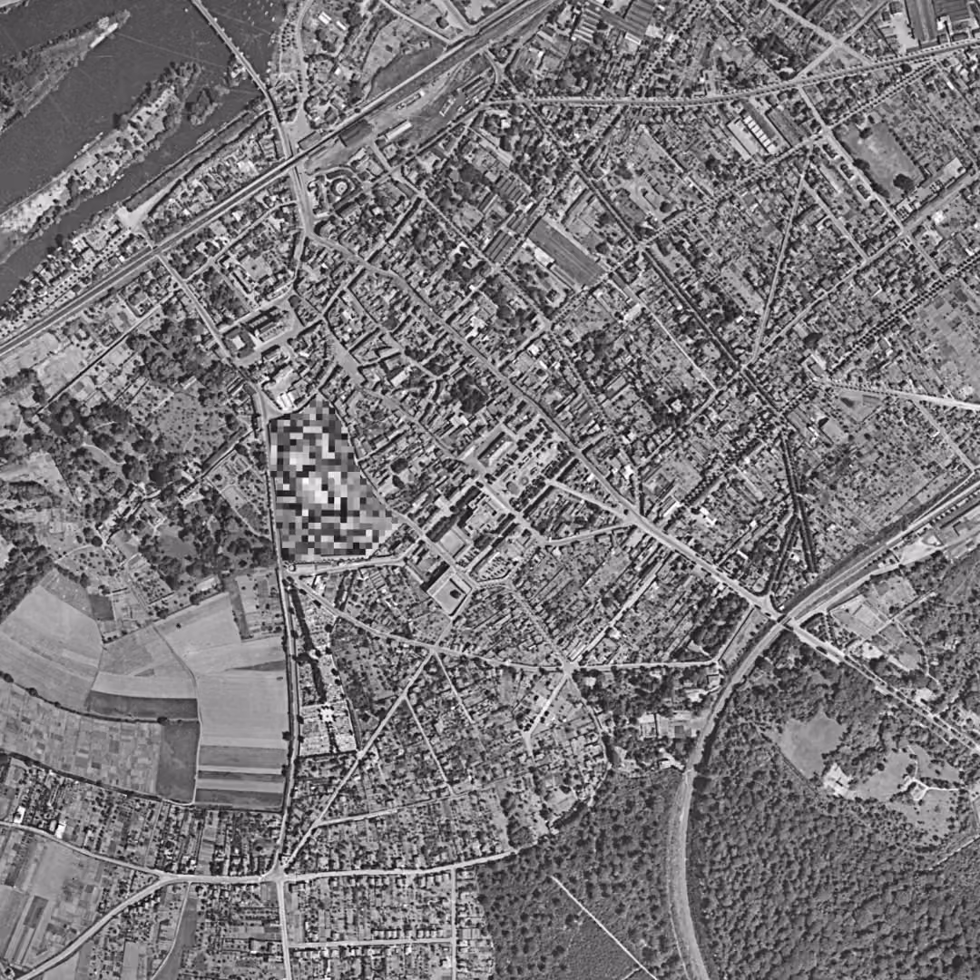 Poissy en 1949, le centre vu du ciel, au même cadrage