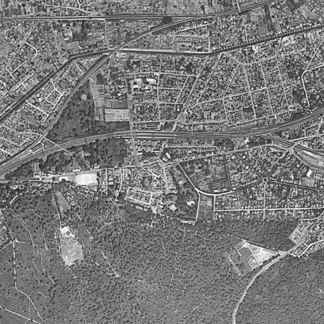 Viroflay en 1949, le centre vu du ciel, au même cadrage