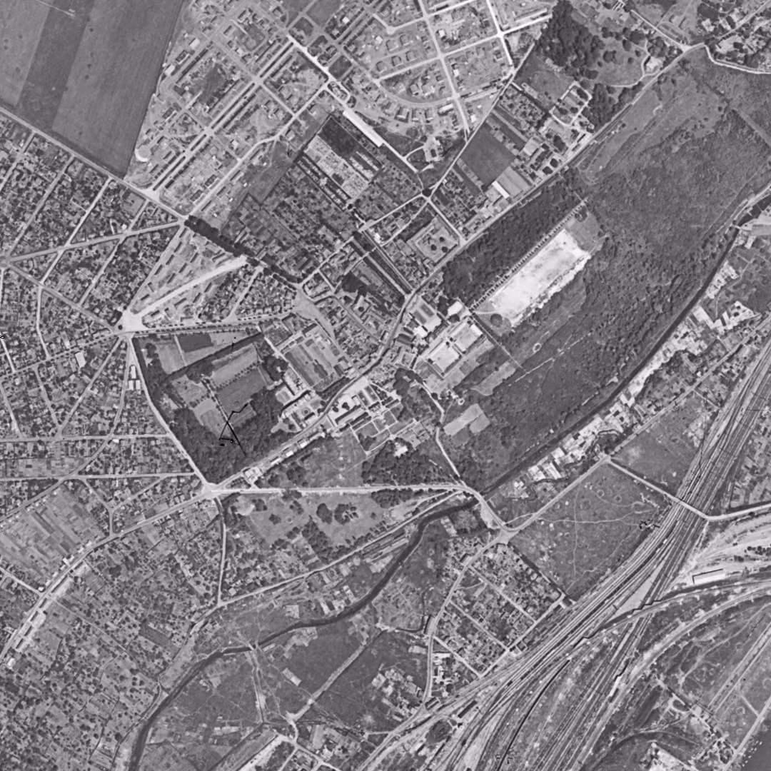 Athis-Mons en 1949, le centre vu du ciel, au même cadrage