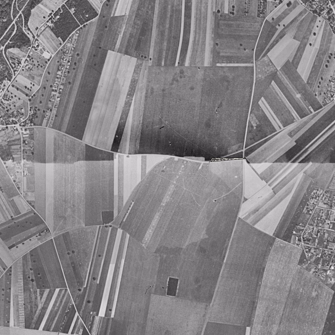 Les Ulis en 1949, le centre vu du ciel, au même cadrage