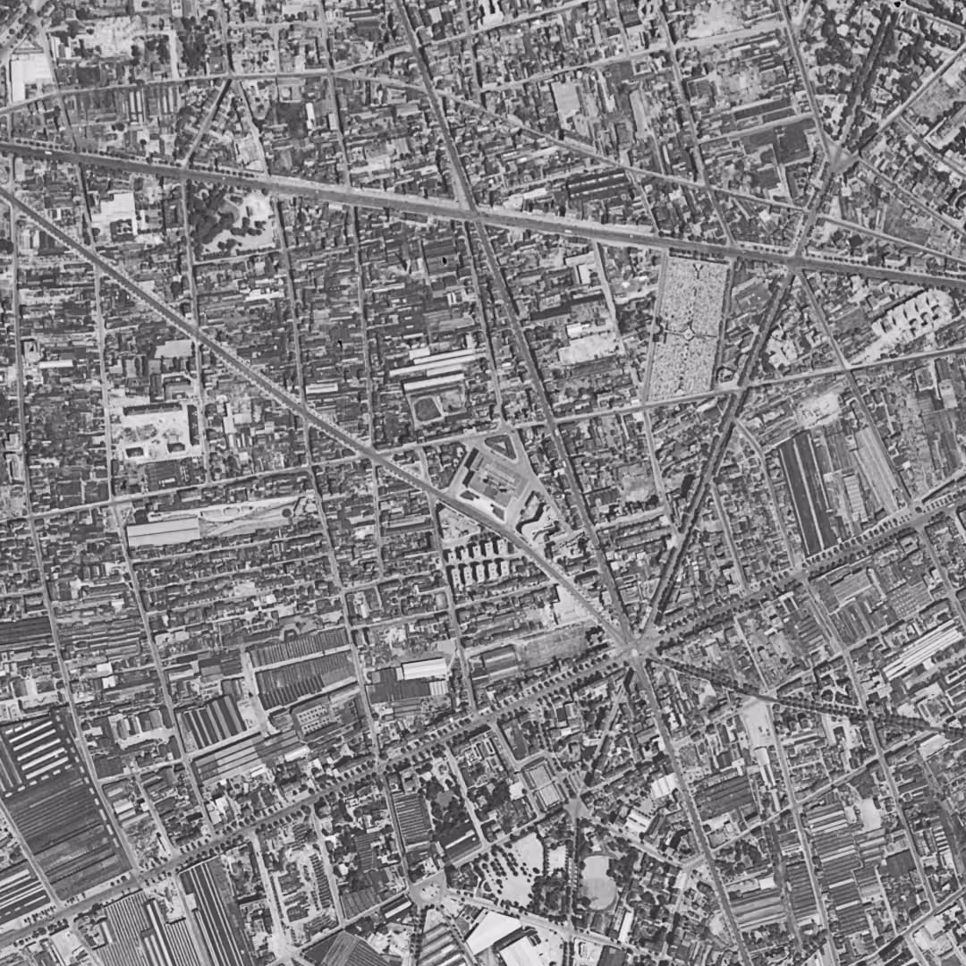 Boulogne-Billancourt en 1949, le centre vu du ciel, au même cadrage