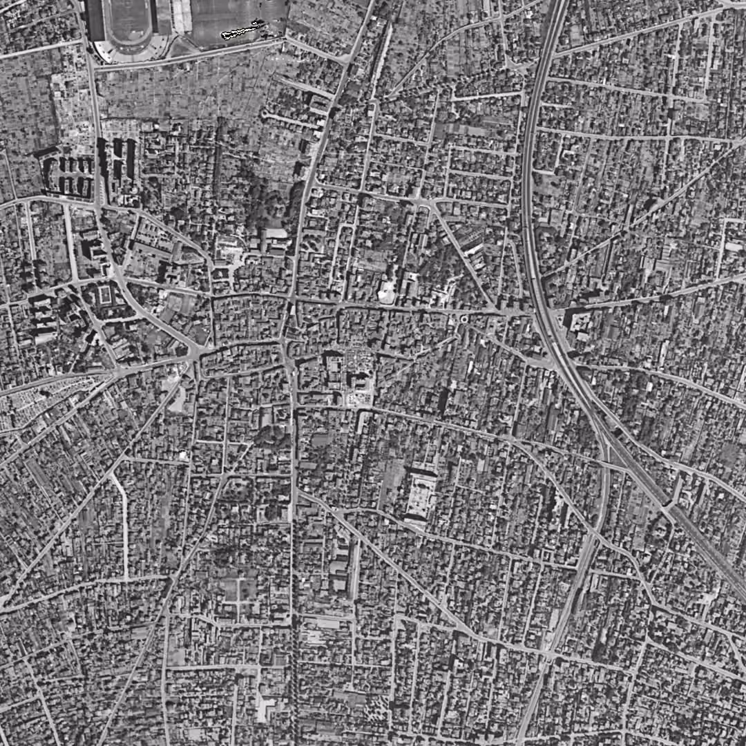 Colombes en 1949, le centre vu du ciel, au même cadrage