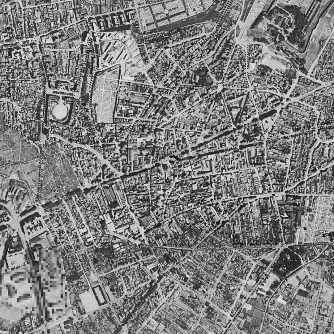 Les Lilas en 1949, le centre vu du ciel, au même cadrage
