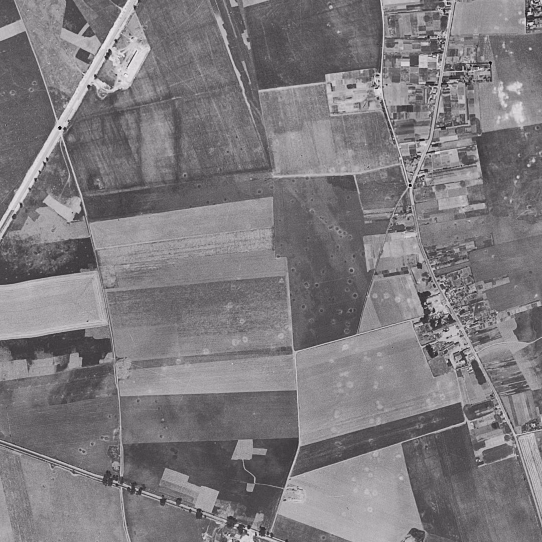 Créteil en 1949, le centre vu du ciel, au même cadrage