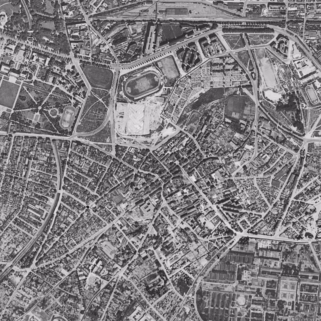 Gentilly en 1949, le centre vu du ciel, au même cadrage