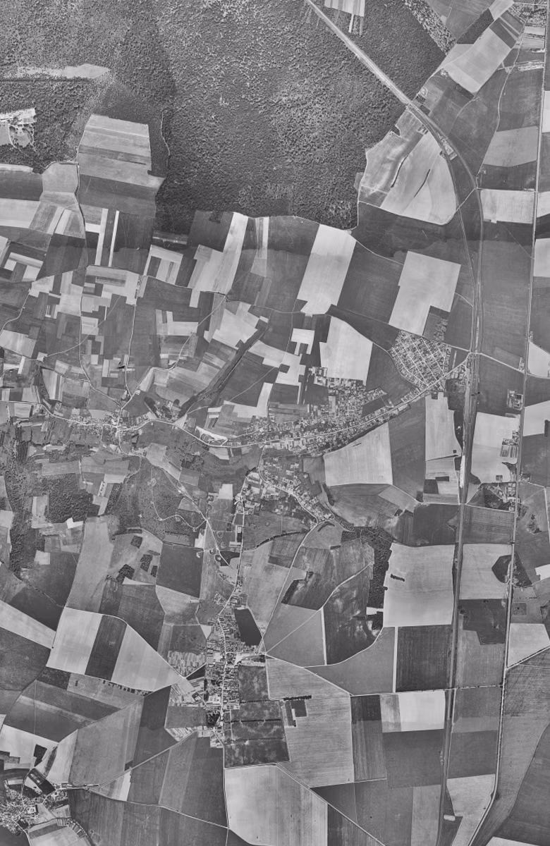 Fosses en 1949, le territoire vu du ciel, au même cadrage